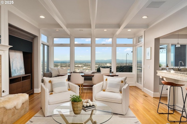 living room featuring beam ceiling, light wood-type flooring, a healthy amount of sunlight, and ornamental molding