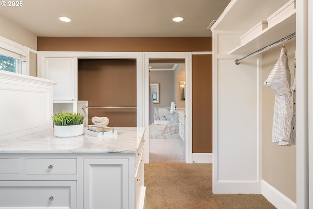 spacious closet featuring light carpet