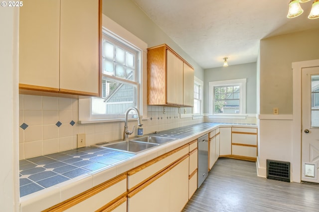 kitchen featuring visible vents, dishwasher, a sink, light wood-style floors, and decorative backsplash