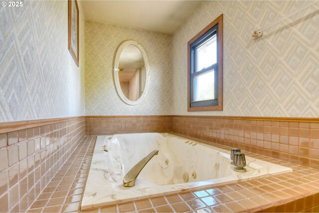 full bath featuring a jetted tub and wallpapered walls