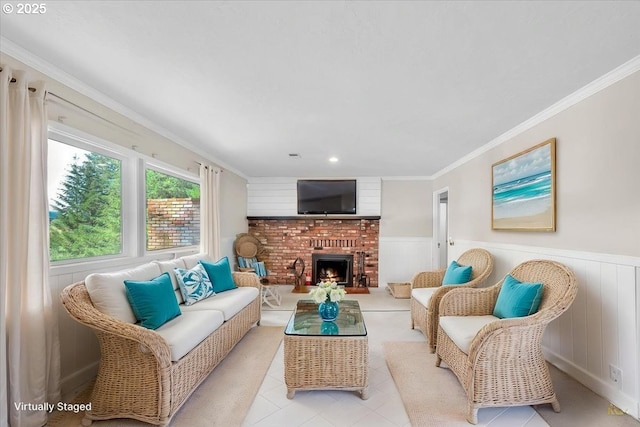 tiled living room featuring crown molding, a wainscoted wall, a fireplace, and recessed lighting