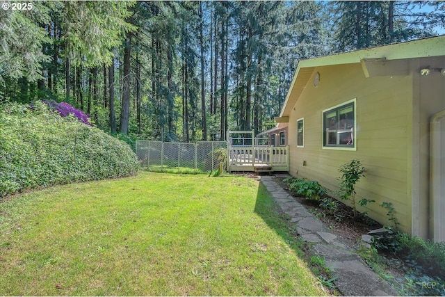 view of yard featuring fence and a wooden deck