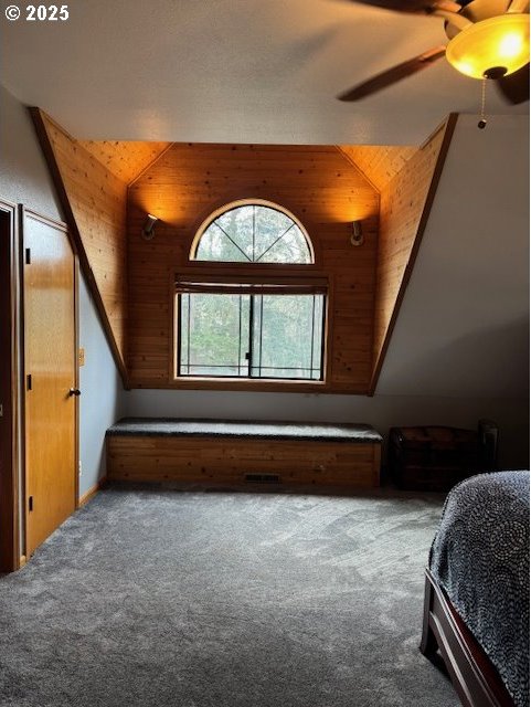 interior space featuring lofted ceiling and ceiling fan