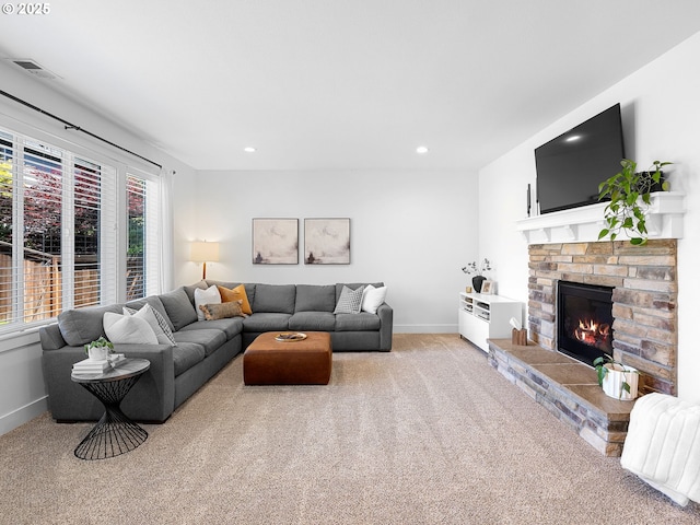 15582 SE Owl Ln, Happy Valley, OR 97015 - living area with light carpet, baseboards, a fireplace, and recessed lighting