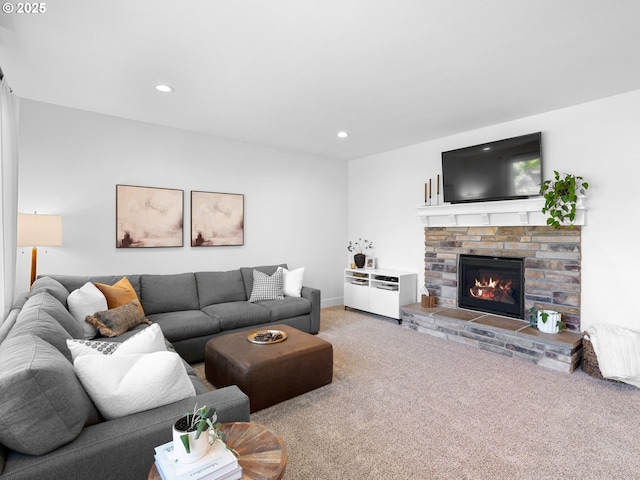 15582 SE Owl Ln, Happy Valley, OR 97015 - living room with carpet floors, a stone fireplace, and recessed lighting