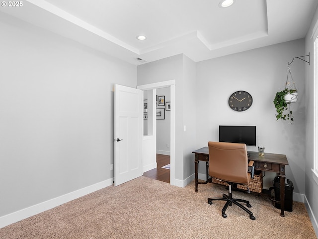15582 SE Owl Ln, Happy Valley, OR 97015 - office featuring carpet, a raised ceiling, recessed lighting, and baseboards