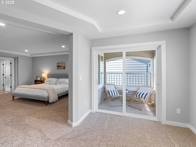 15582 SE Owl Ln, Happy Valley, OR 97015 - bedroom with carpet floors, baseboards, recessed lighting, access to outside, and a tray ceiling