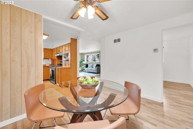 2801 Kincaid St, Eugene, OR 97405 - dining area with light wood-style floors, a ceiling fan, and baseboards