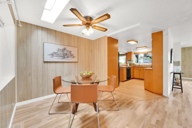 2801 Kincaid St, Eugene, OR 97405 - dining room featuring light wood-type flooring, a skylight, wooden walls, a ceiling fan, and baseboards