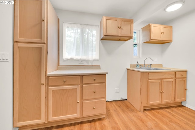 2801 Kincaid St, Eugene, OR 97405 - kitchen with light brown cabinets, a sink, light wood-style floors, and light countertops