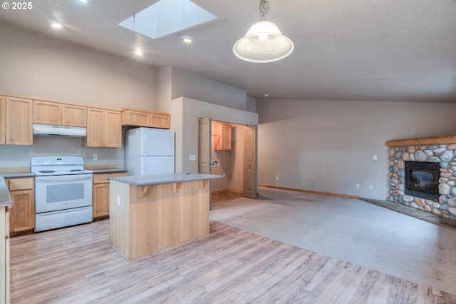 kitchen featuring pendant lighting, white appliances, a skylight, and light brown cabinets