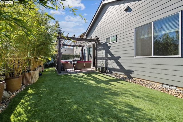 view of yard featuring an outdoor living space, a patio, fence, and a pergola