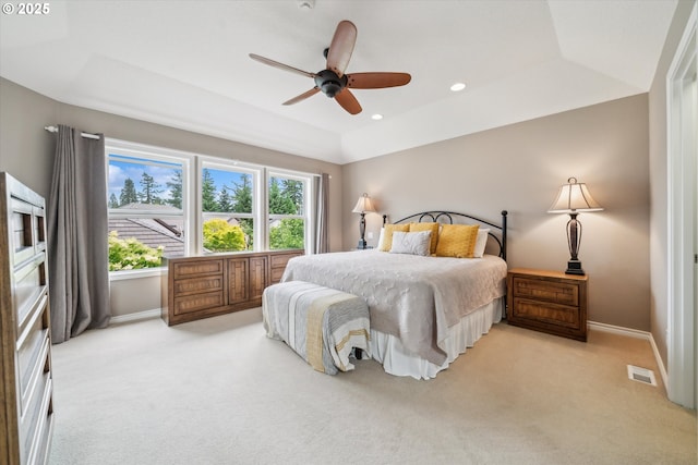 2678 SE Myrtlewood Way, Gresham, OR 97080 - bedroom featuring light carpet, baseboards, a raised ceiling, a ceiling fan, and recessed lighting