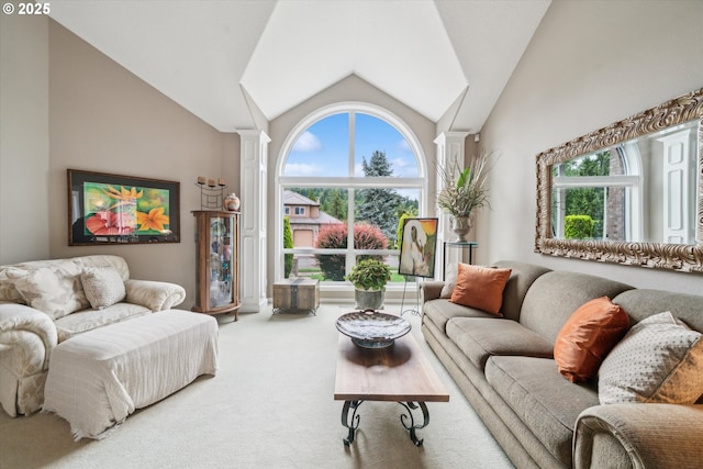 2678 SE Myrtlewood Way, Gresham, OR 97080 - living room featuring decorative columns, carpet, and lofted ceiling