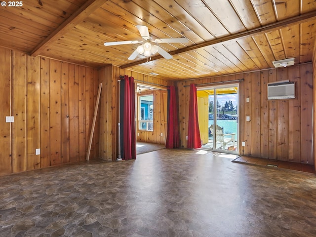 unfurnished room with a wall mounted air conditioner, wood ceiling, and wood walls