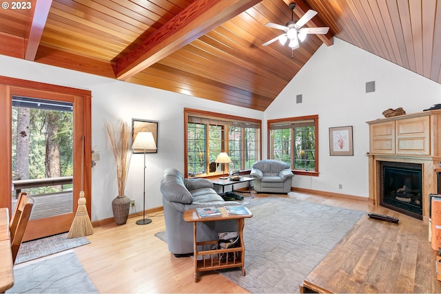 57953 Drury Ln, Blue River, OR 97413 - living room featuring high vaulted ceiling, wood ceiling, beam ceiling, and light hardwood / wood-style flooring