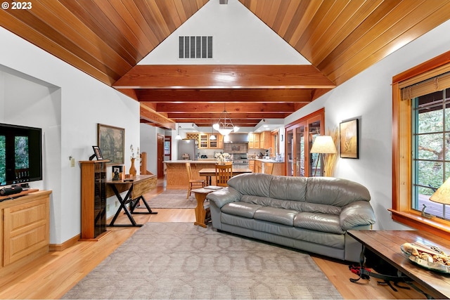 57953 Drury Ln, Blue River, OR 97413 - living room featuring beamed ceiling, high vaulted ceiling, light hardwood / wood-style flooring, and wooden ceiling