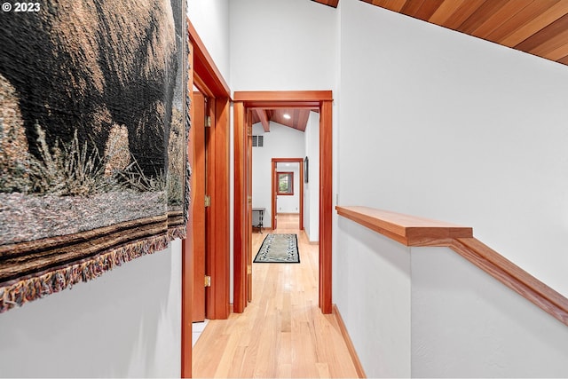 57953 Drury Ln, Blue River, OR 97413 - hallway featuring wood ceiling, vaulted ceiling, and light hardwood / wood-style floors