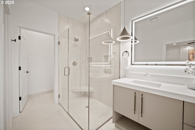 118 W 13th Way, La Center, WA 98629 - bathroom with vanity, a stall shower, tile patterned floors, and recessed lighting