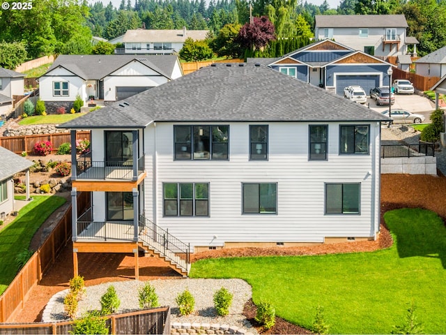 118 W 13th Way, La Center, WA 98629 - rear view of property featuring crawl space, a shingled roof, a residential view, and a balcony