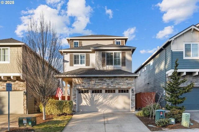 view of front of property with a garage, stone siding, a shingled roof, and driveway