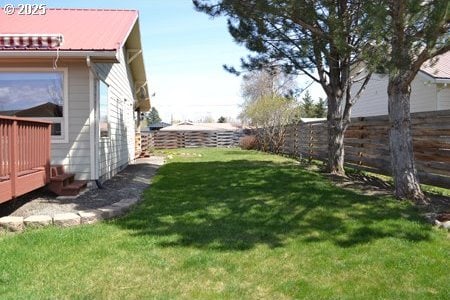 view of yard featuring a fenced backyard and a wooden deck