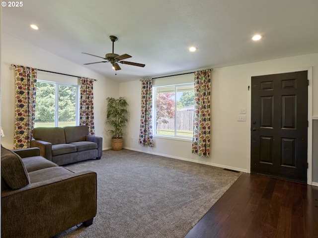 503 E Yacolt Rd, Yacolt, WA 98675 - living room with dark wood finished floors, recessed lighting, ceiling fan, and lofted ceiling