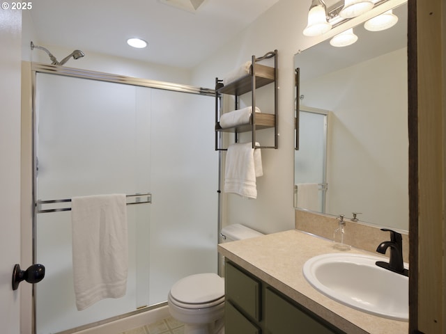 503 E Yacolt Rd, Yacolt, WA 98675 - bathroom featuring a shower stall, vanity, and recessed lighting