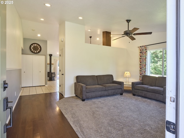 503 E Yacolt Rd, Yacolt, WA 98675 - living room featuring a ceiling fan, recessed lighting, wood finished floors, and a high ceiling