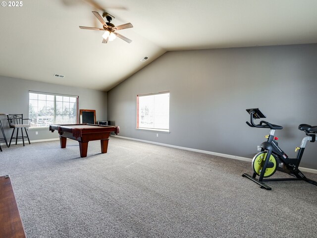 rec room with a ceiling fan, billiards, baseboards, lofted ceiling, and carpet