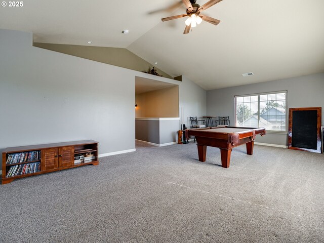 rec room featuring billiards, carpet flooring, vaulted ceiling, baseboards, and a ceiling fan