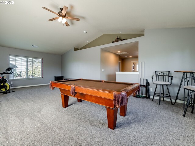game room with carpet flooring, billiards, baseboards, vaulted ceiling, and a ceiling fan