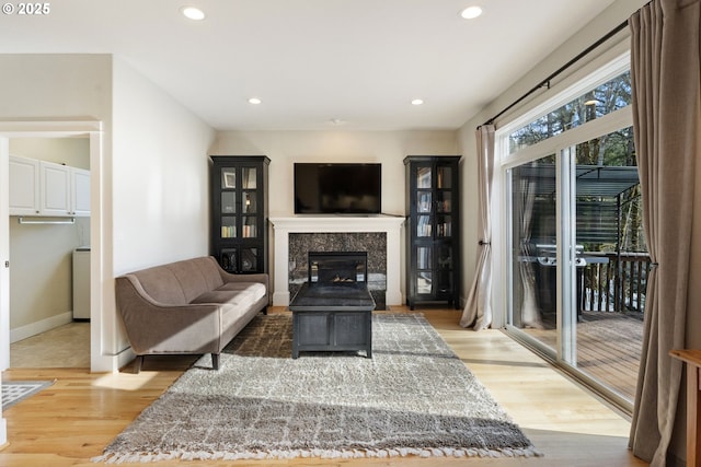 living room featuring light hardwood / wood-style flooring and a premium fireplace