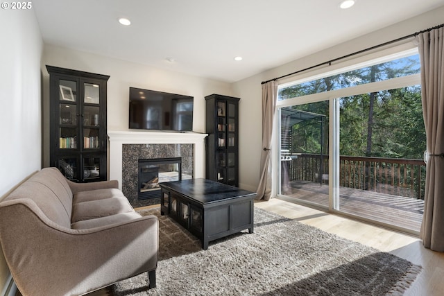 living room with a high end fireplace and dark hardwood / wood-style floors