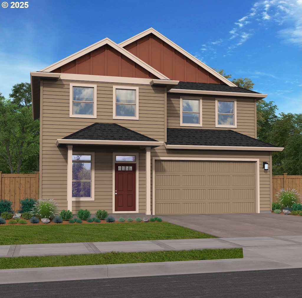 view of front of house with a garage, concrete driveway, board and batten siding, and fence