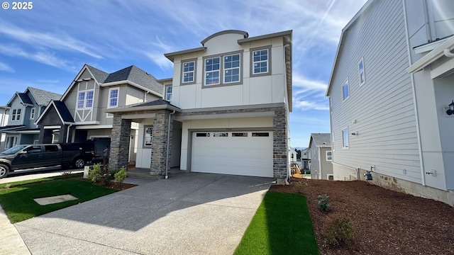 view of front facade with driveway, stone siding, a garage, stucco siding, and a residential view