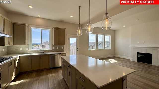 kitchen featuring backsplash, plenty of natural light, dark wood-style flooring, and stainless steel appliances