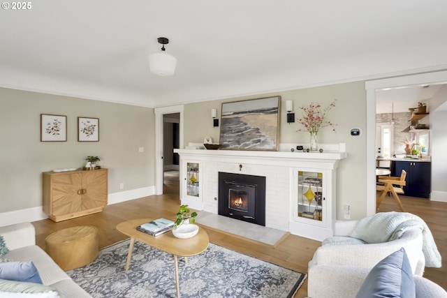 living room with baseboards, wood finished floors, and a fireplace