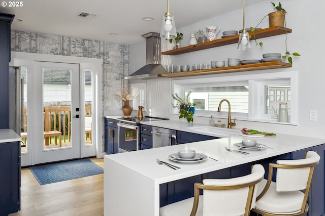 kitchen with blue cabinetry, stainless steel appliances, wall chimney exhaust hood, and a sink