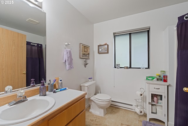 9 N 20th St, Hood River, OR 97031 - bathroom featuring a baseboard heating unit, vanity, toilet, and curtained shower