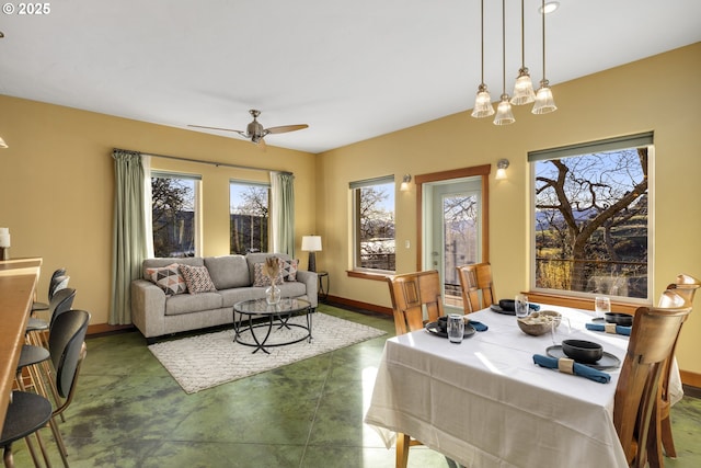 625 Columbia Ave, Lyle, WA 98635 - dining space featuring plenty of natural light, finished concrete flooring, baseboards, and a ceiling fan