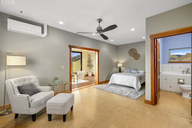 625 Columbia Ave, Lyle, WA 98635 - bedroom featuring a wall unit AC, recessed lighting, access to outside, baseboards, and a ceiling fan