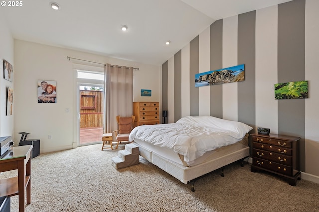 bedroom featuring carpet floors, lofted ceiling, baseboards, access to outside, and recessed lighting