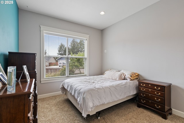 bedroom featuring carpet, baseboards, and recessed lighting