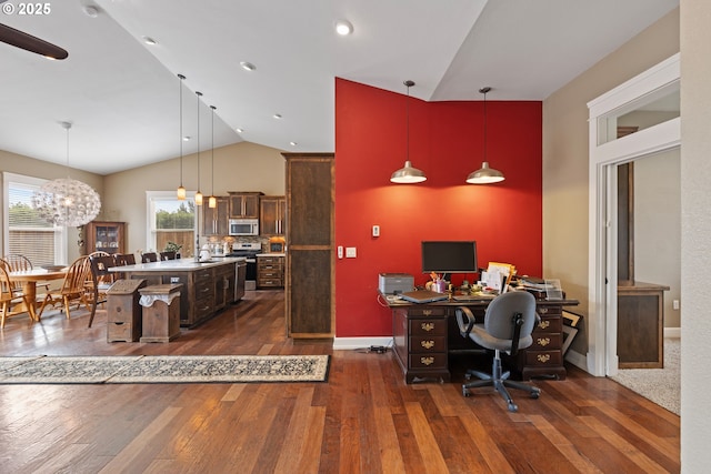 office featuring dark wood-type flooring, a chandelier, high vaulted ceiling, baseboards, and a sink