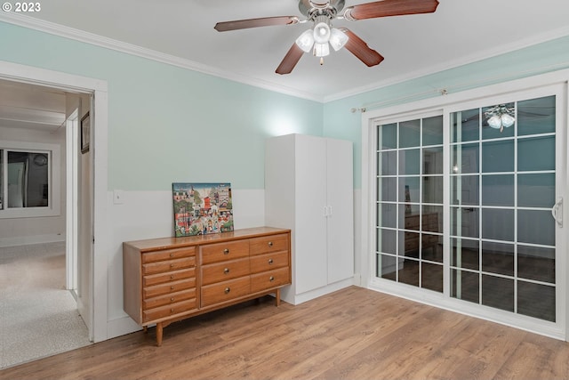 interior space featuring ornamental molding, light wood finished floors, and a ceiling fan