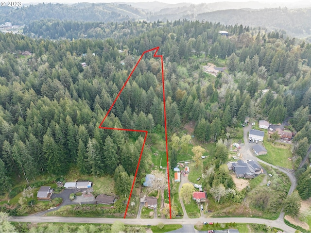 bird's eye view featuring a view of trees and a mountain view