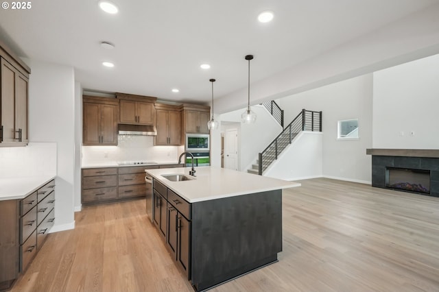 4321 N 11th Way, Ridgefield, WA 98642 - kitchen with a sink, appliances with stainless steel finishes, backsplash, under cabinet range hood, and light wood finished floors