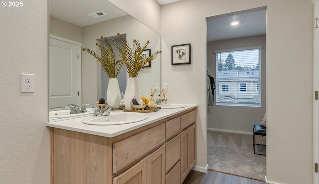 bathroom with double vanity, wood finished floors, and baseboards