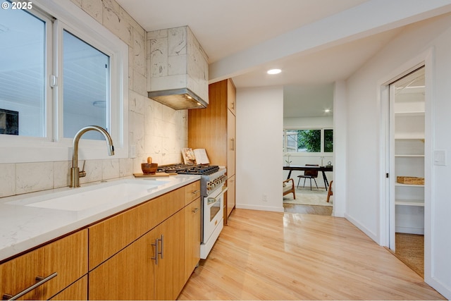 kitchen with sink, light hardwood / wood-style flooring, decorative backsplash, high end stove, and light stone counters